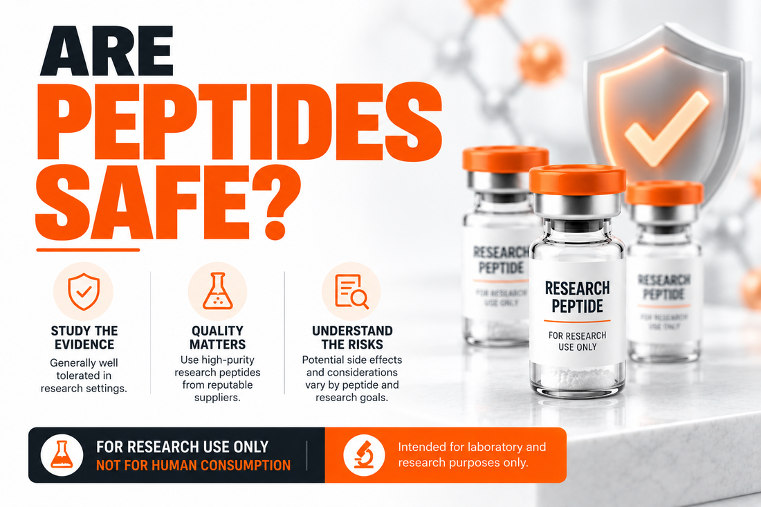 Research peptide safety factors including HPLC purity, mass spectrometry, COA testing, sterility, and human clinical evidence
