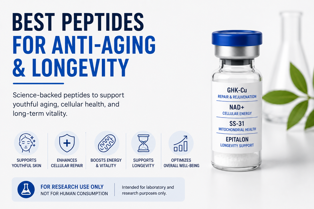 Comparison of the best peptides for anti-aging and longevity research, including GHK-Cu, MOTS-c, SS-31, and NAD+