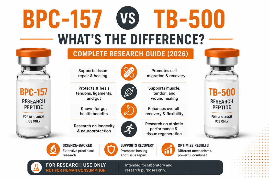 Scientific comparison of BPC-157 and TB-500 illustrating angiogenesis, connective tissue biology, cell migration, and tissue remodeling pathways.