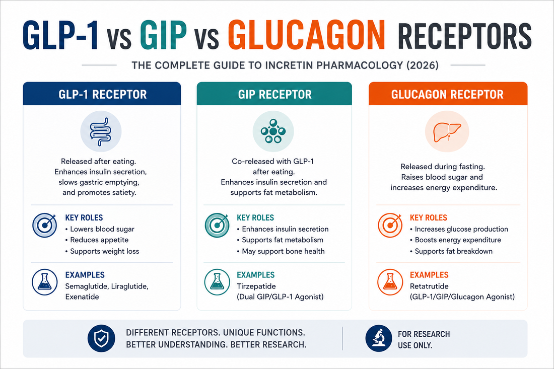 Illustration comparing GLP-1, GIP, and glucagon receptor signaling pathways in metabolic pharmacology.