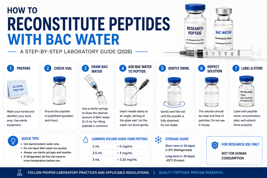 Laboratory reconstituting a lyophilized research peptide vial with bacteriostatic water using a sterile syringe.