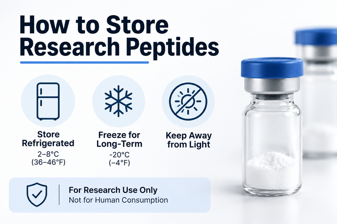 Laboratory storage of lyophilized and reconstituted research peptides under controlled temperature conditions.