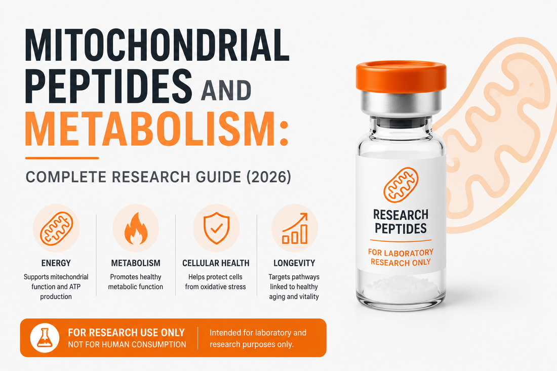 Suggested Image Alt Text Illustration of mitochondrial peptides including MOTS-c, SS-31, and NAD+ with a mitochondrion representing cellular energy production and metabolism research.