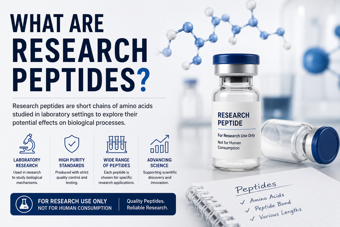 Illustration explaining what research peptides are and how synthetic peptides are used in laboratory research.