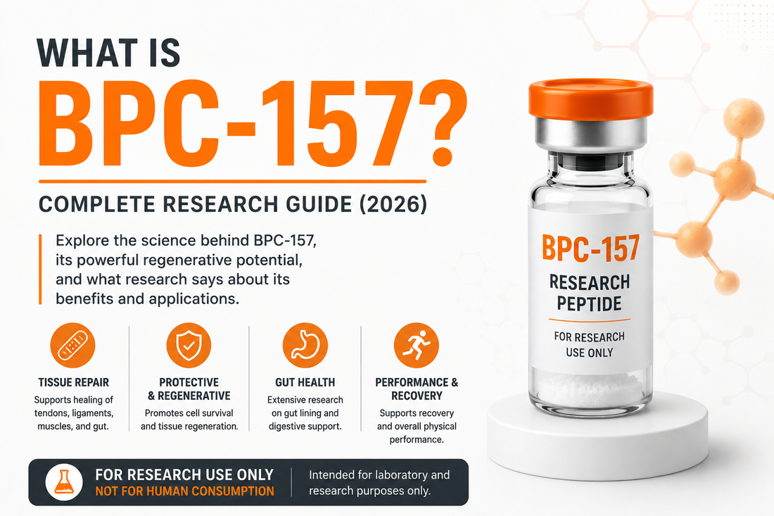 BPC-157 peptide research illustration showing angiogenesis, connective tissue repair, and cellular signaling
