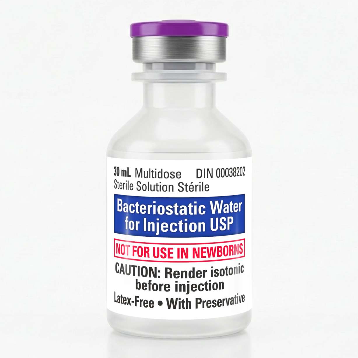 Bacteriostatic water Canada — 30 mL multi-dose vial, 0.9% benzyl alcohol USP-grade, sold in Canada for laboratory research use only.
