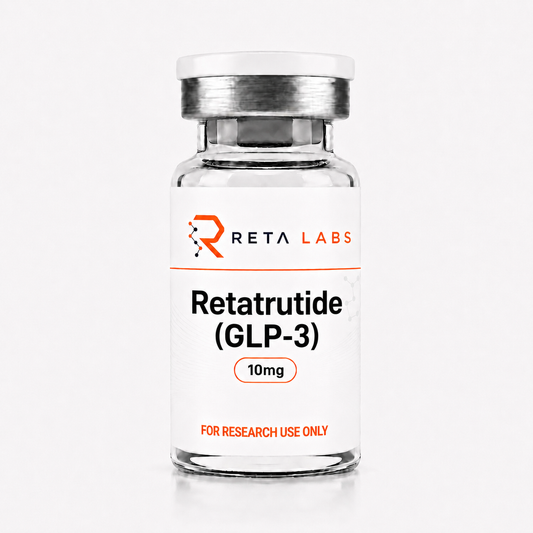 Retatrutide research peptide vial — 10 mg lyophilized, ≥99% HPLC purity, sold in Canada for laboratory use only.